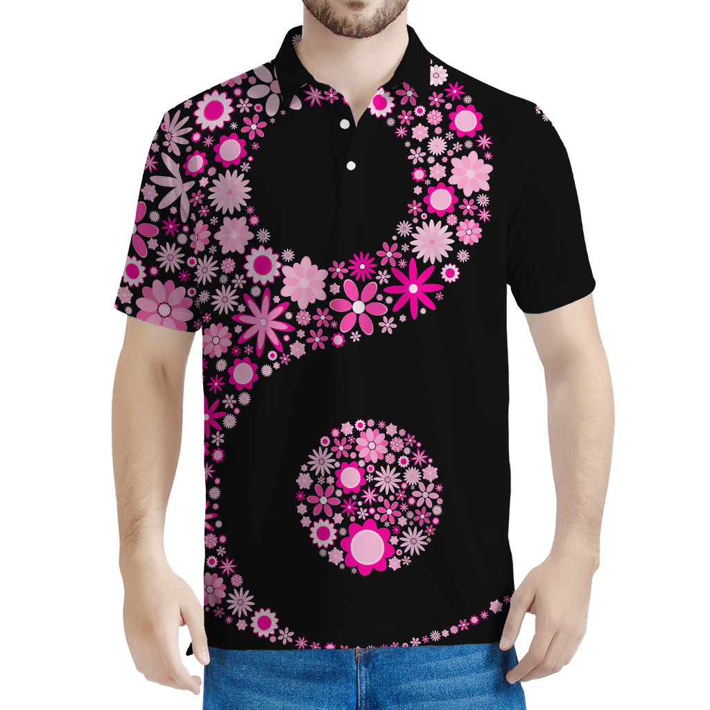 Pink Flowers Yin Yang Print Men's Polo Shirt