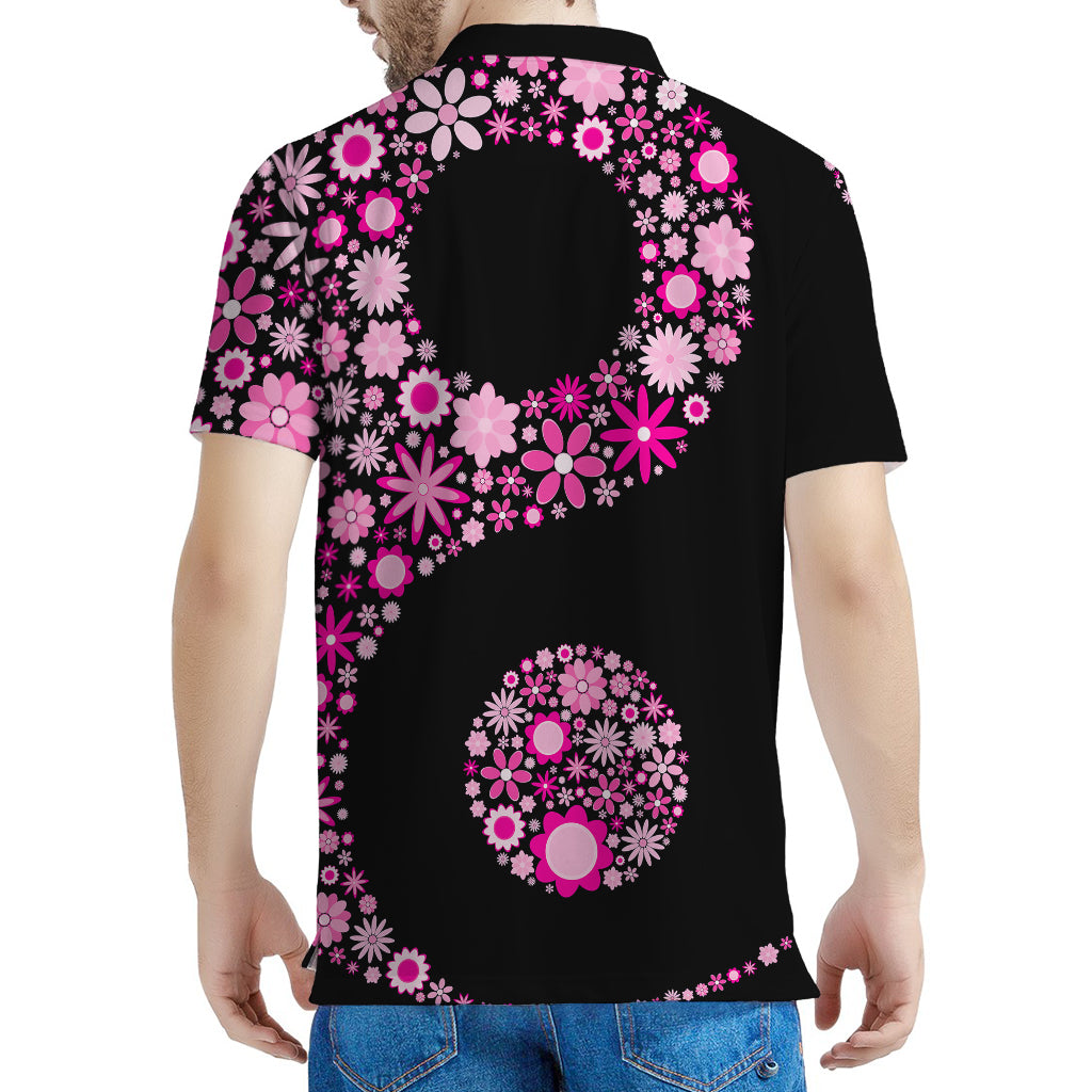 Pink Flowers Yin Yang Print Men's Polo Shirt