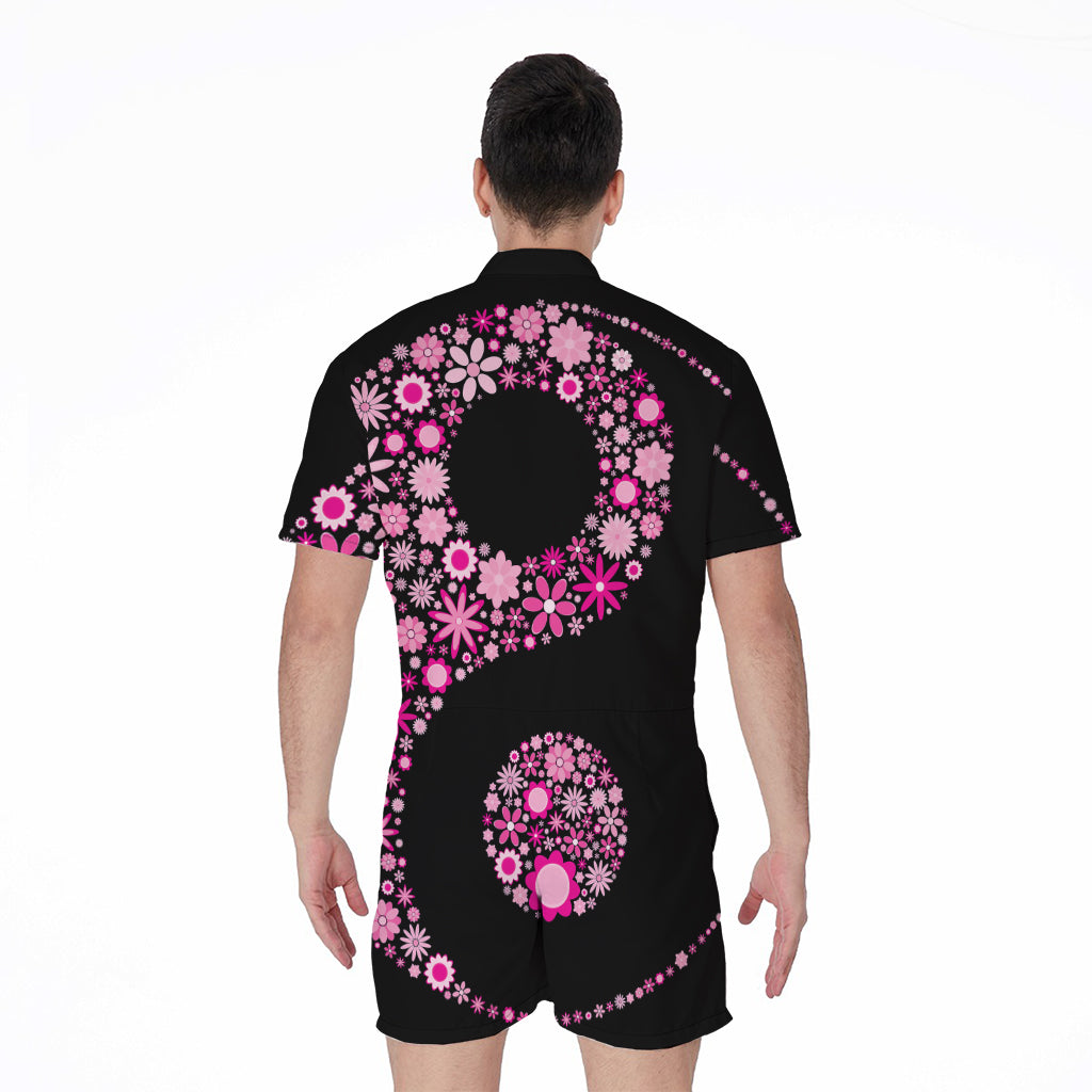 Pink Flowers Yin Yang Print Men's Rompers