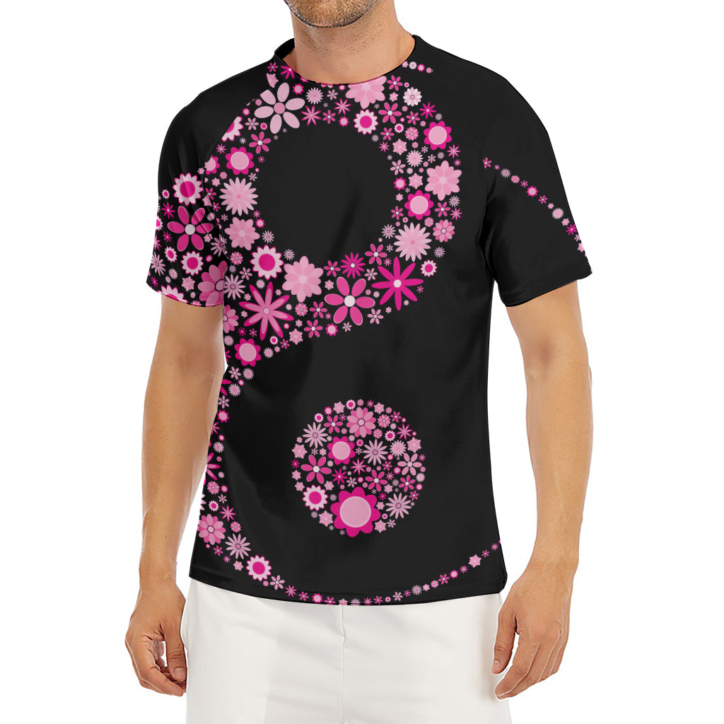 Pink Flowers Yin Yang Print Men's Short Sleeve Rash Guard