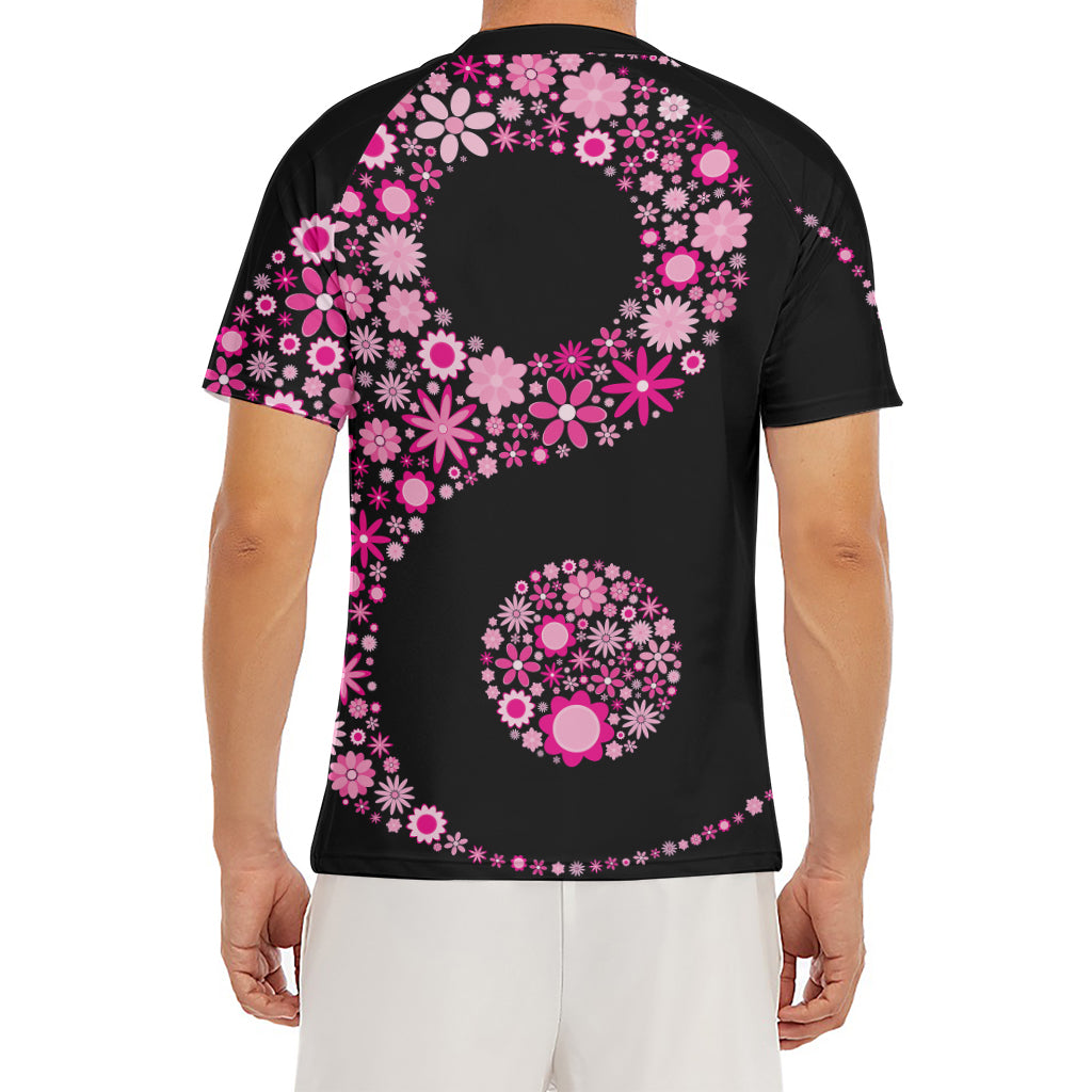 Pink Flowers Yin Yang Print Men's Short Sleeve Rash Guard
