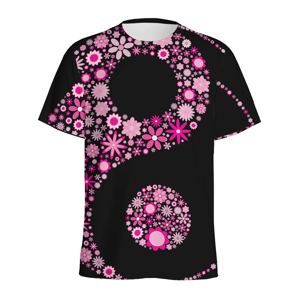Pink Flowers Yin Yang Print Men's Sports T-Shirt