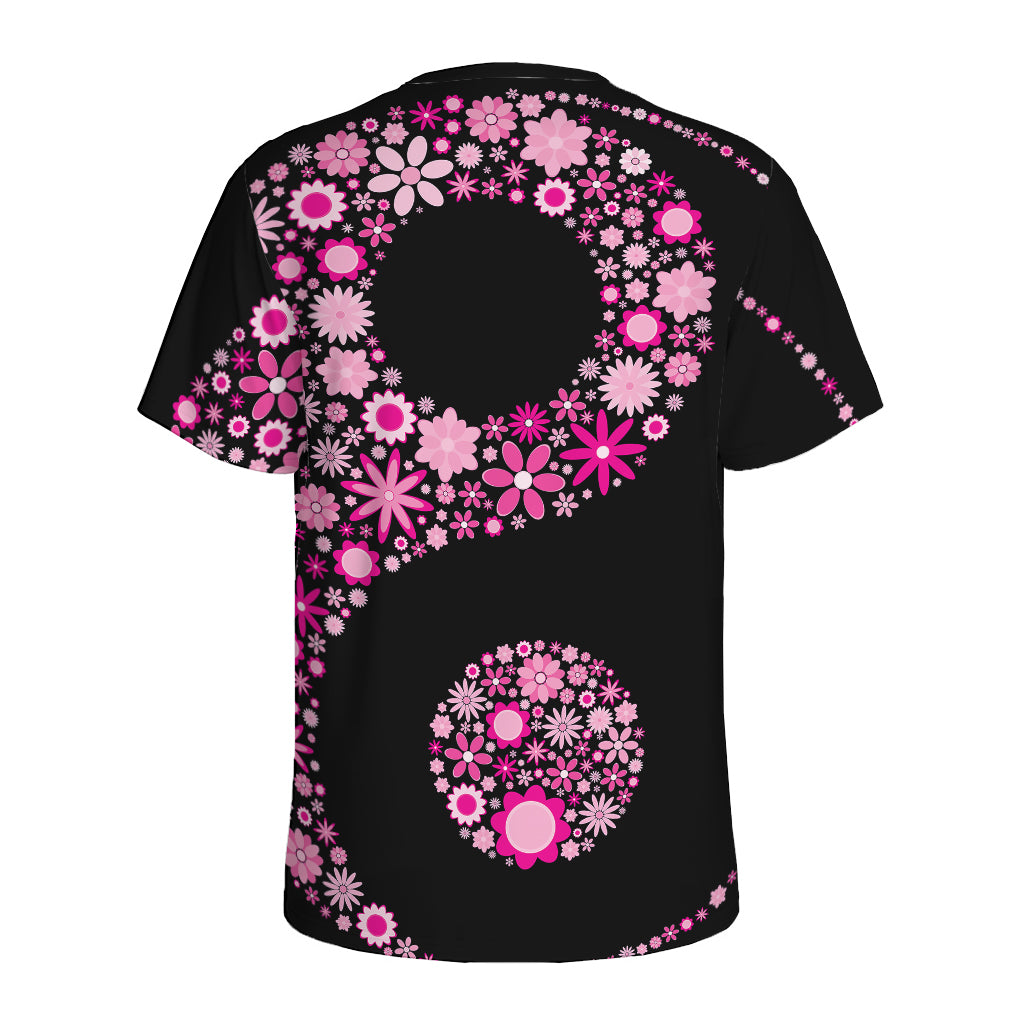 Pink Flowers Yin Yang Print Men's Sports T-Shirt