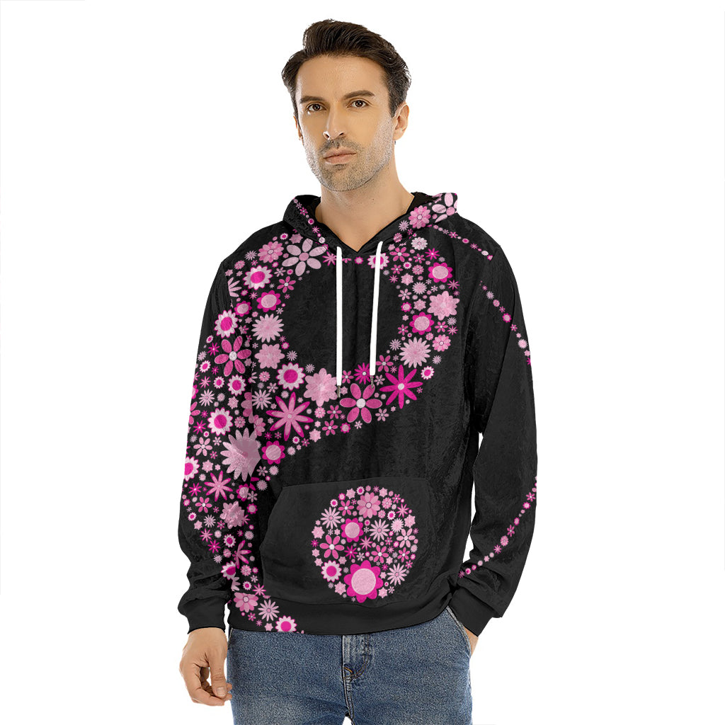 Pink Flowers Yin Yang Print Men's Velvet Pullover Hoodie