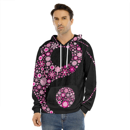 Pink Flowers Yin Yang Print Men's Velvet Pullover Hoodie