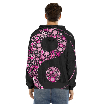 Pink Flowers Yin Yang Print Men's Velvet Pullover Hoodie