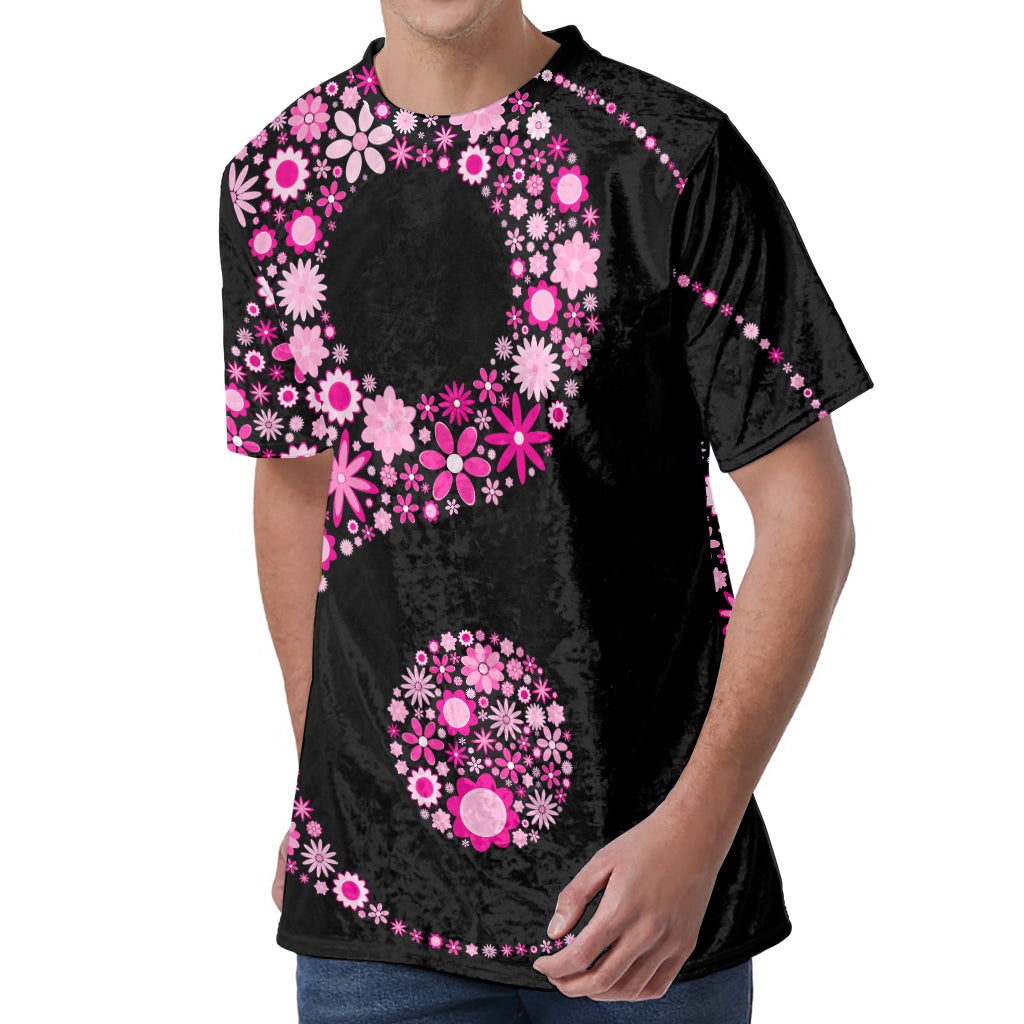 Pink Flowers Yin Yang Print Men's Velvet T-Shirt