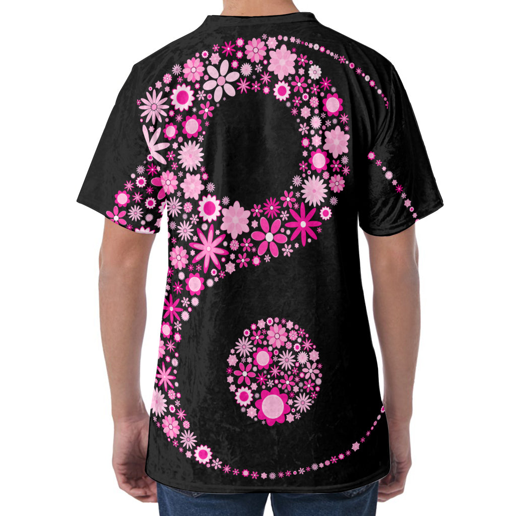 Pink Flowers Yin Yang Print Men's Velvet T-Shirt
