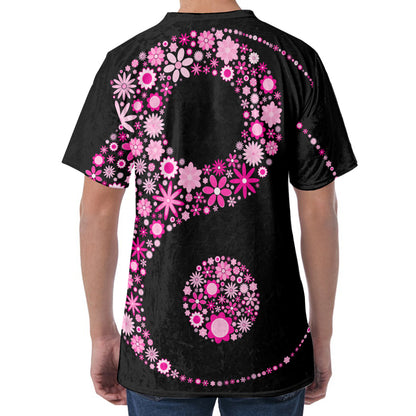 Pink Flowers Yin Yang Print Men's Velvet T-Shirt
