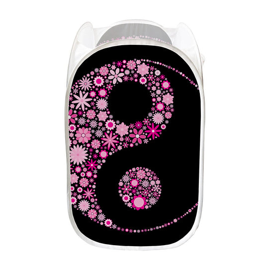 Pink Flowers Yin Yang Print Mesh Laundry Hamper