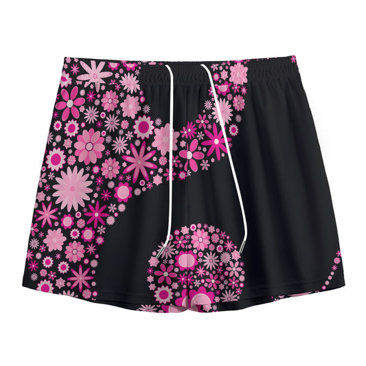 Pink Flowers Yin Yang Print Mesh Shorts