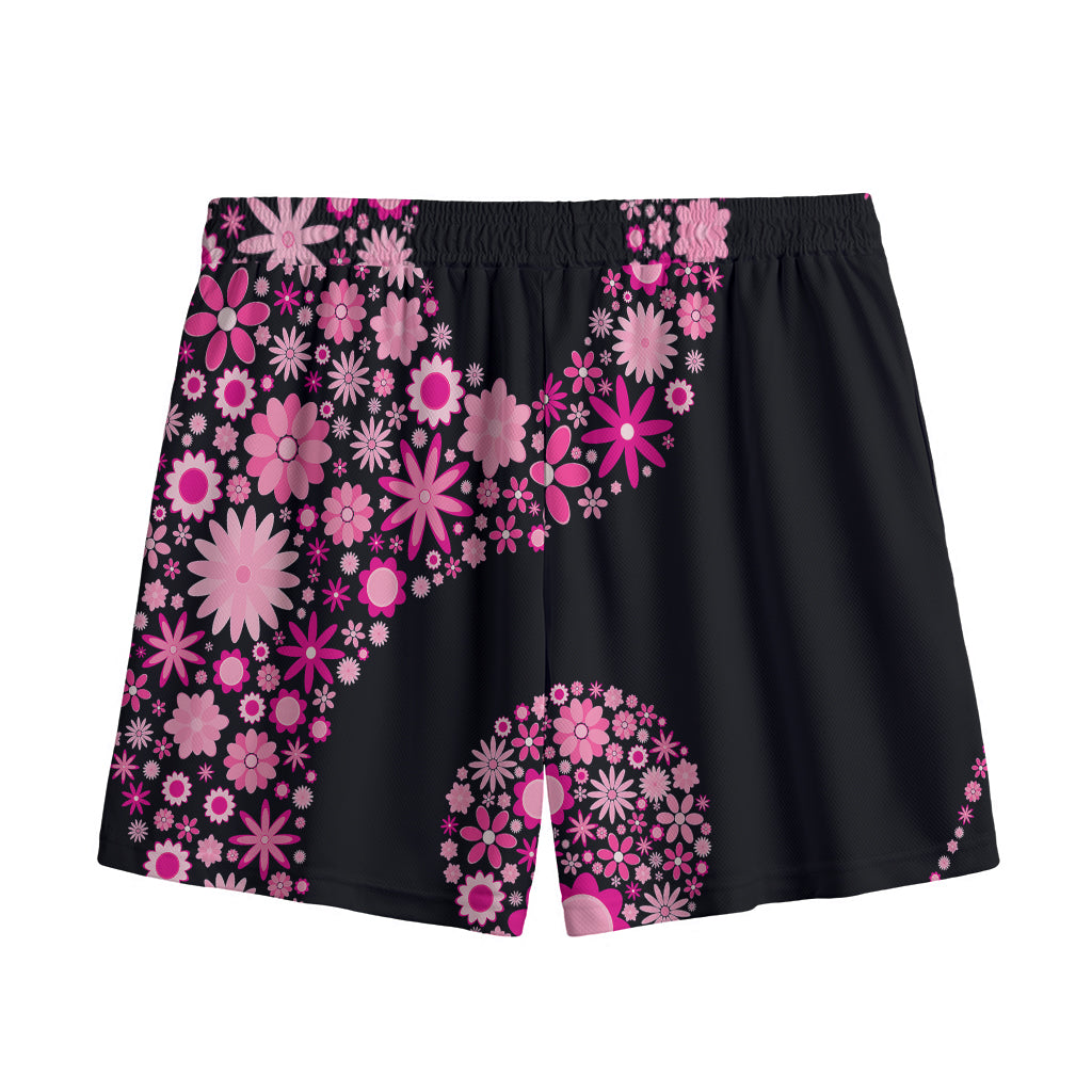 Pink Flowers Yin Yang Print Mesh Shorts
