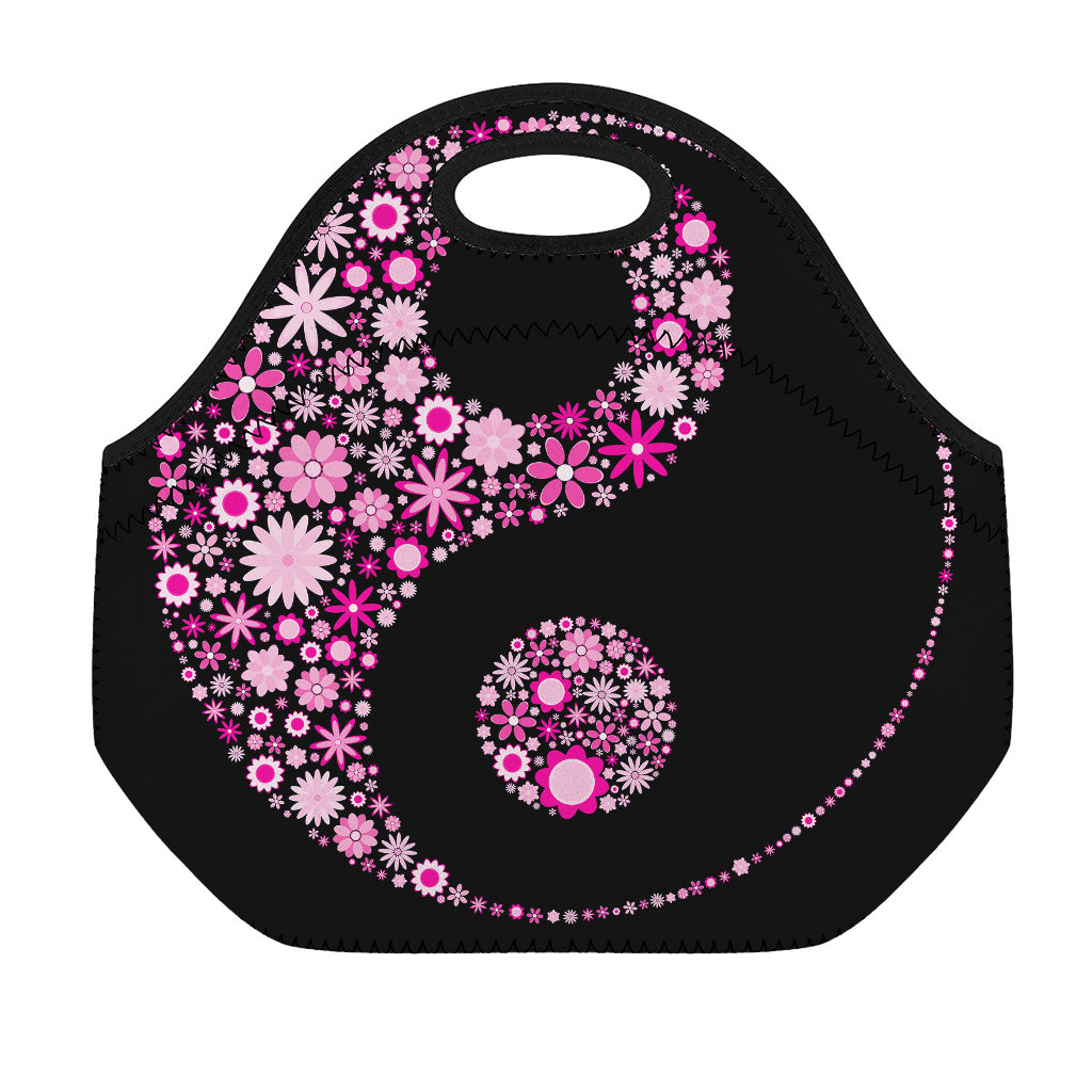 Pink Flowers Yin Yang Print Neoprene Lunch Bag