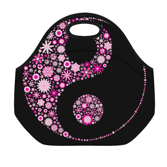 Pink Flowers Yin Yang Print Neoprene Lunch Bag