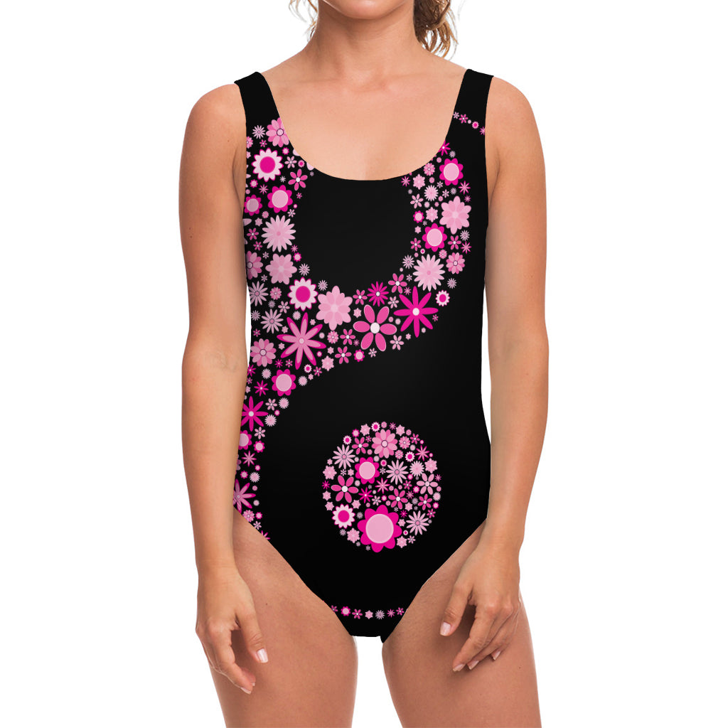 Pink Flowers Yin Yang Print One Piece Swimsuit