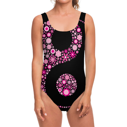 Pink Flowers Yin Yang Print One Piece Swimsuit