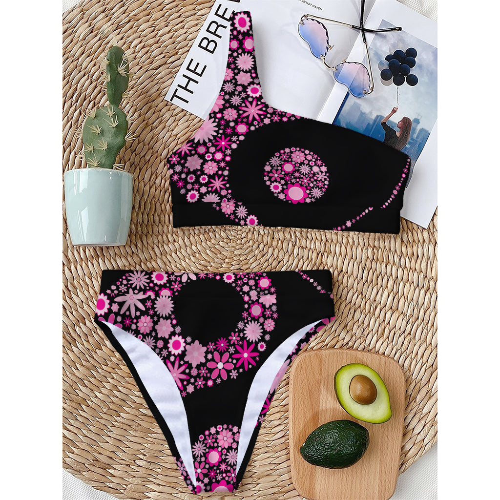 Pink Flowers Yin Yang Print One Shoulder Bikini Top