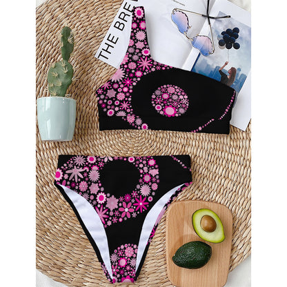 Pink Flowers Yin Yang Print One Shoulder Bikini Top