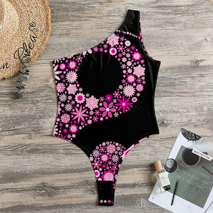 Pink Flowers Yin Yang Print One Shoulder Bodysuit