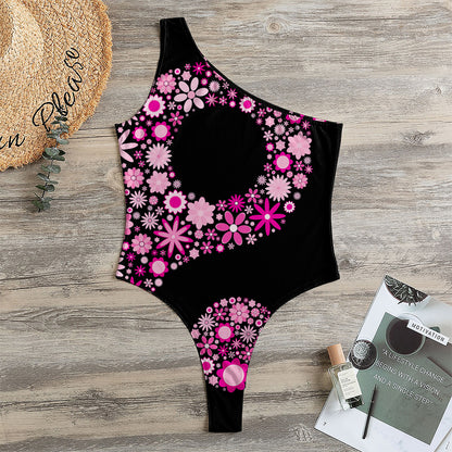 Pink Flowers Yin Yang Print One Shoulder Bodysuit