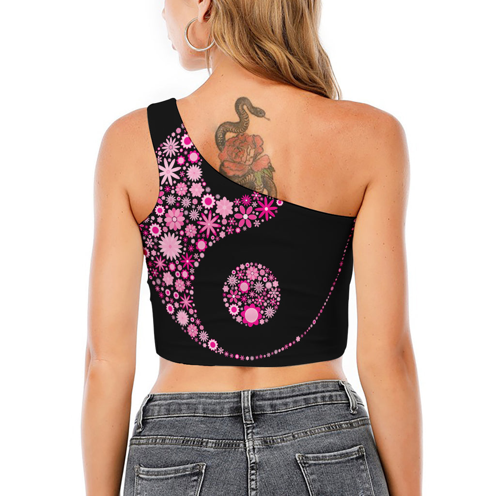Pink Flowers Yin Yang Print One Shoulder Crop Top