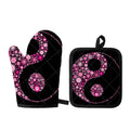 Pink Flowers Yin Yang Print Oven Mitt And Pot Holder Set