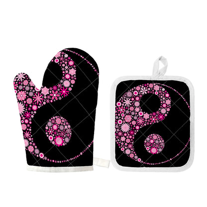 Pink Flowers Yin Yang Print Oven Mitt And Pot Holder Set