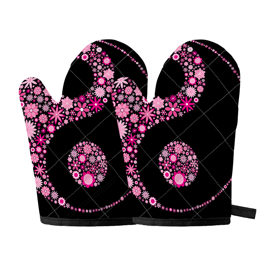 Pink Flowers Yin Yang Print Oven Mitts