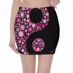 Pink Flowers Yin Yang Print Pencil Mini Skirt