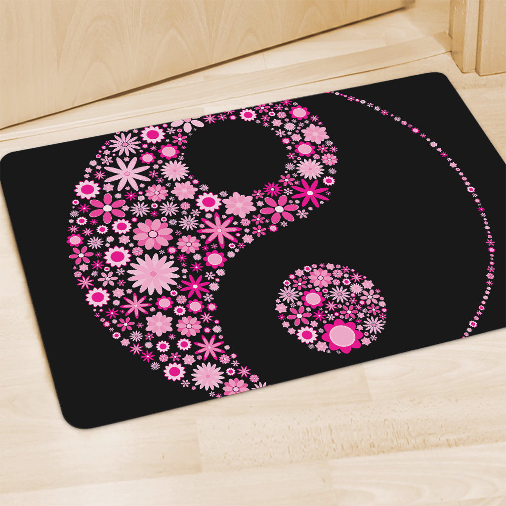 Pink Flowers Yin Yang Print Polyester Doormat