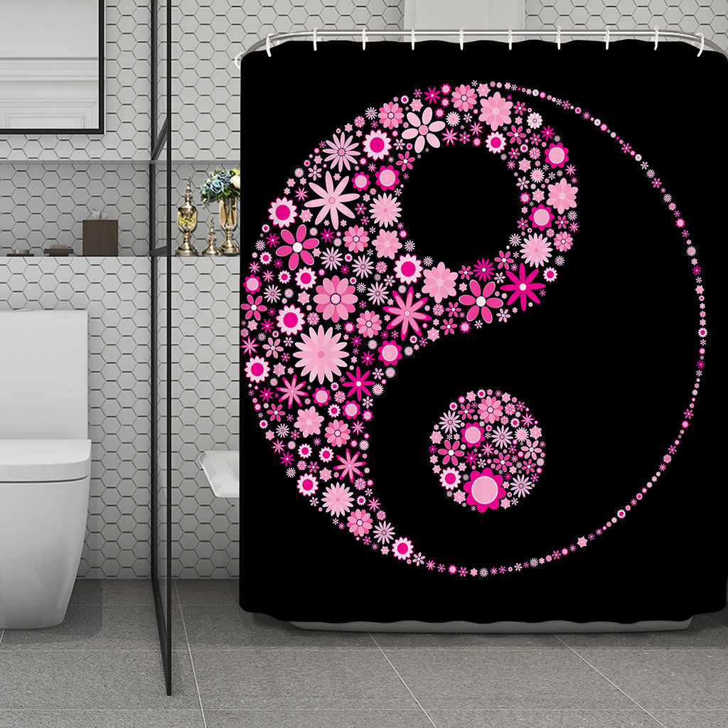 Pink Flowers Yin Yang Print Polyester Shower Curtain