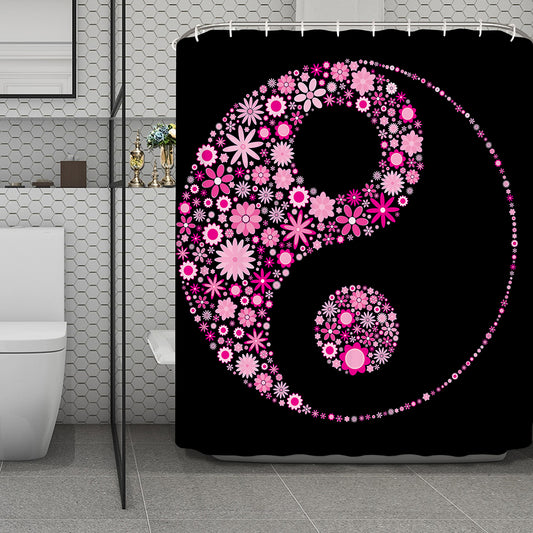Pink Flowers Yin Yang Print Polyester Shower Curtain