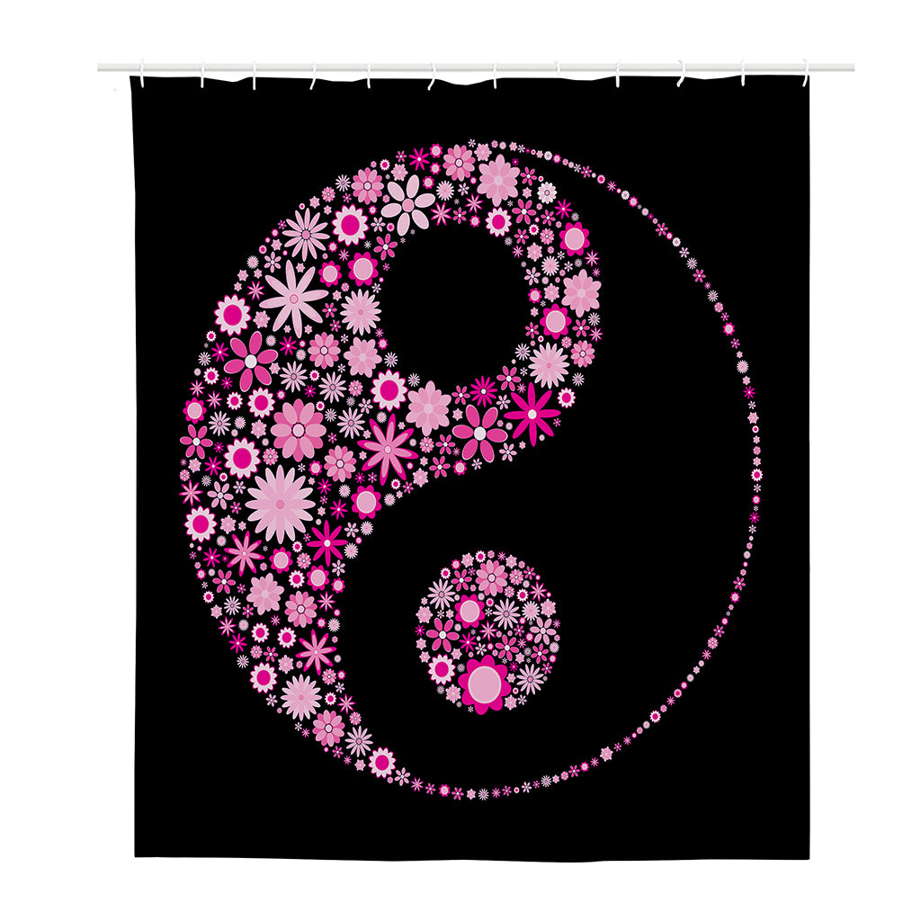 Pink Flowers Yin Yang Print Polyester Shower Curtain