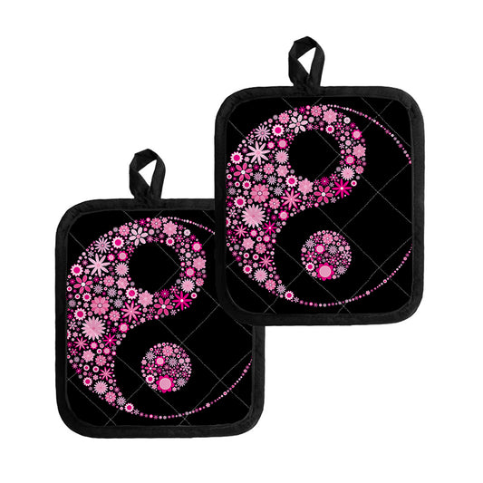 Pink Flowers Yin Yang Print Pot Holders