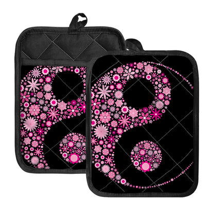 Pink Flowers Yin Yang Print Pot Holders With Pocket