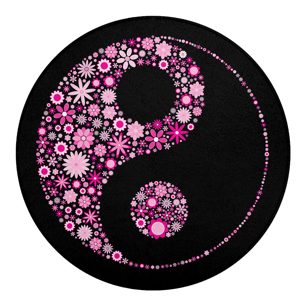 Pink Flowers Yin Yang Print Round Blanket