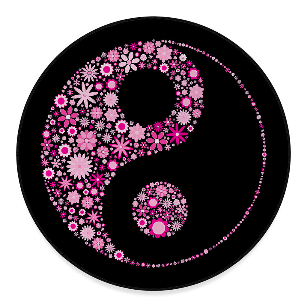 Pink Flowers Yin Yang Print Round Floor Mat
