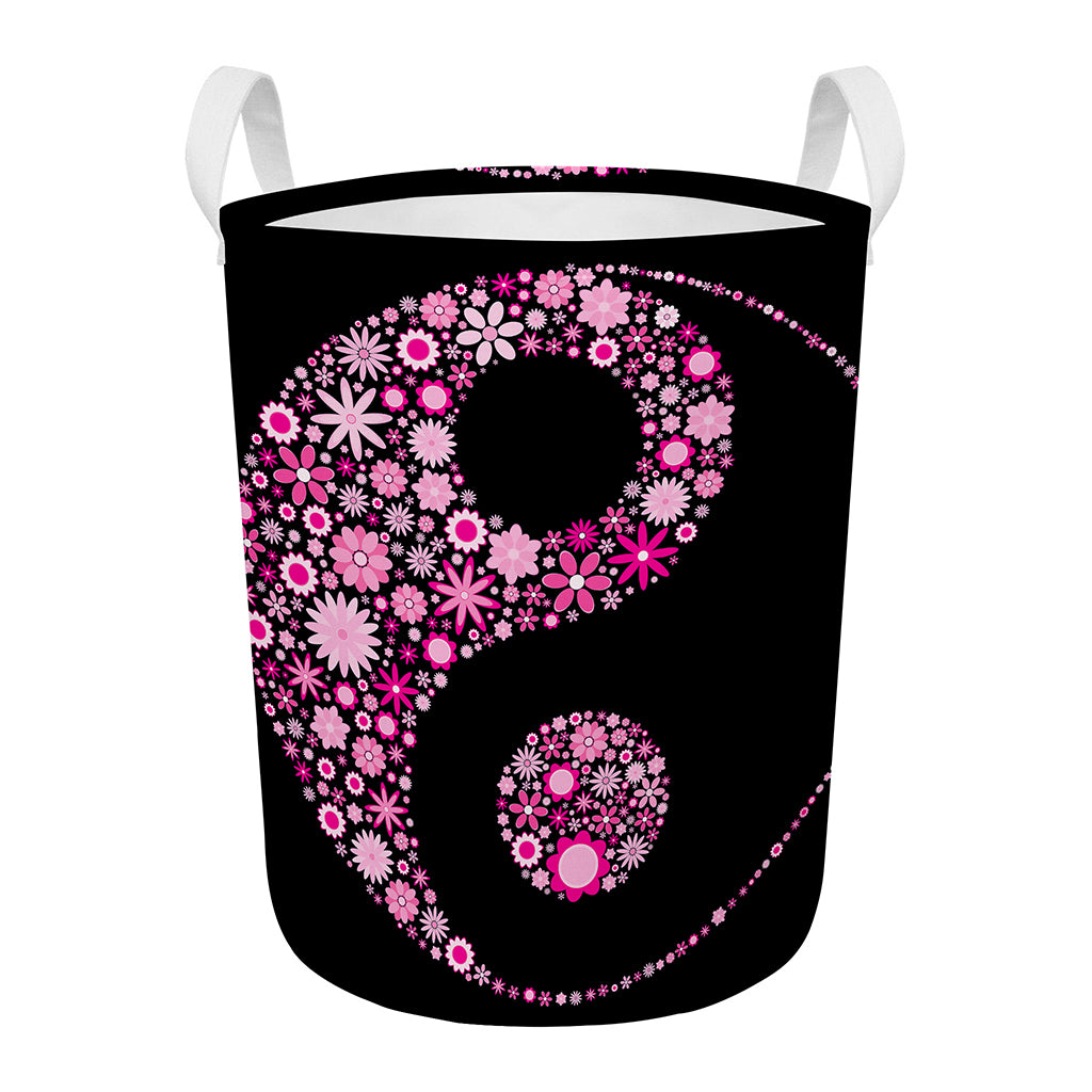 Pink Flowers Yin Yang Print Round Laundry Basket