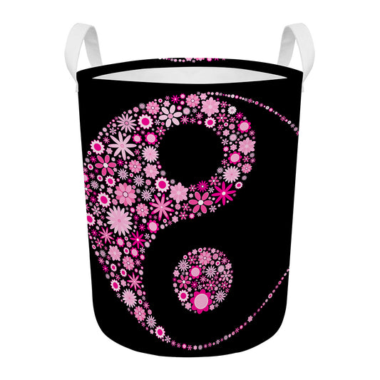 Pink Flowers Yin Yang Print Round Laundry Basket