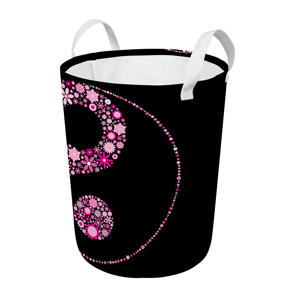 Pink Flowers Yin Yang Print Round Laundry Basket