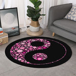 Pink Flowers Yin Yang Print Round Rug