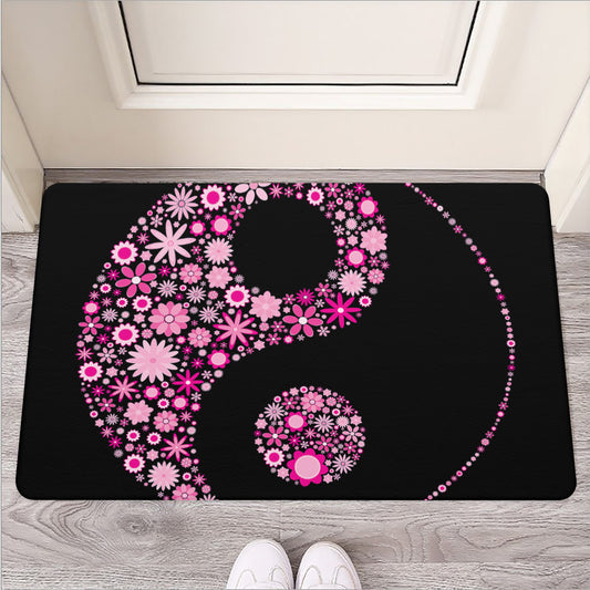 Pink Flowers Yin Yang Print Rubber Doormat