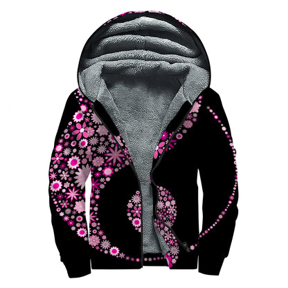 Pink Flowers Yin Yang Print Sherpa Lined Zip Up Hoodie