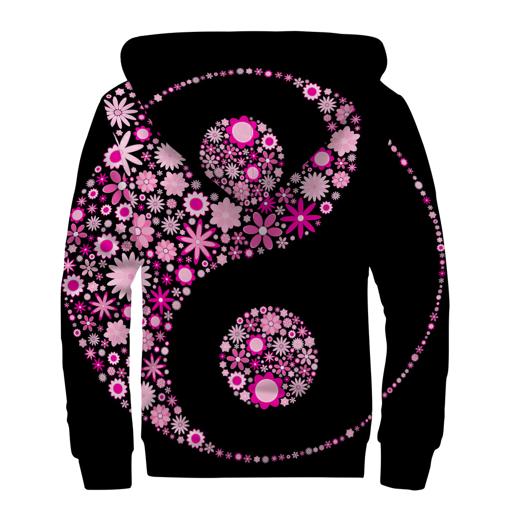 Pink Flowers Yin Yang Print Sherpa Lined Zip Up Hoodie
