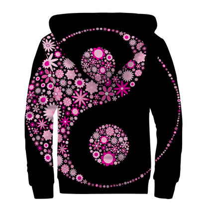 Pink Flowers Yin Yang Print Sherpa Lined Zip Up Hoodie