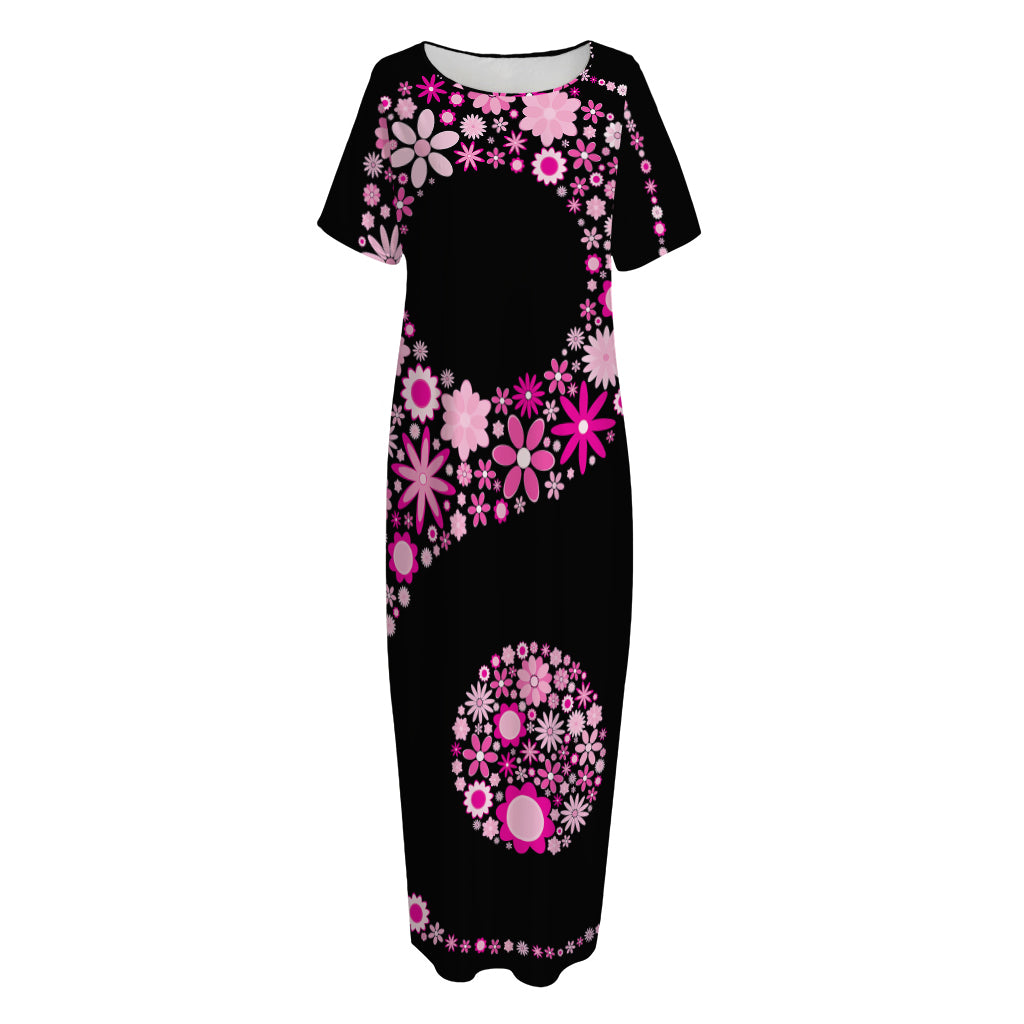 Pink Flowers Yin Yang Print Short Sleeve Long Nightdress