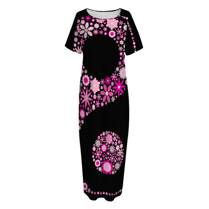 Pink Flowers Yin Yang Print Short Sleeve Long Nightdress