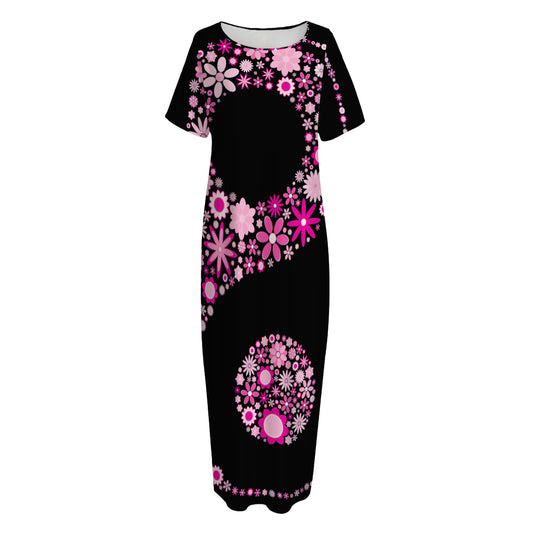 Pink Flowers Yin Yang Print Short Sleeve Long Nightdress