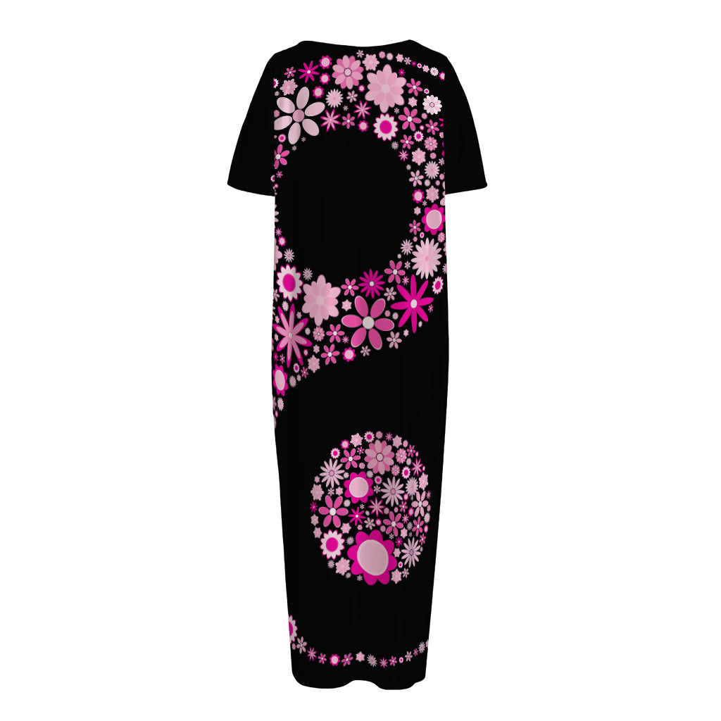 Pink Flowers Yin Yang Print Short Sleeve Long Nightdress
