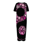 Pink Flowers Yin Yang Print Short Sleeve Long Nightdress